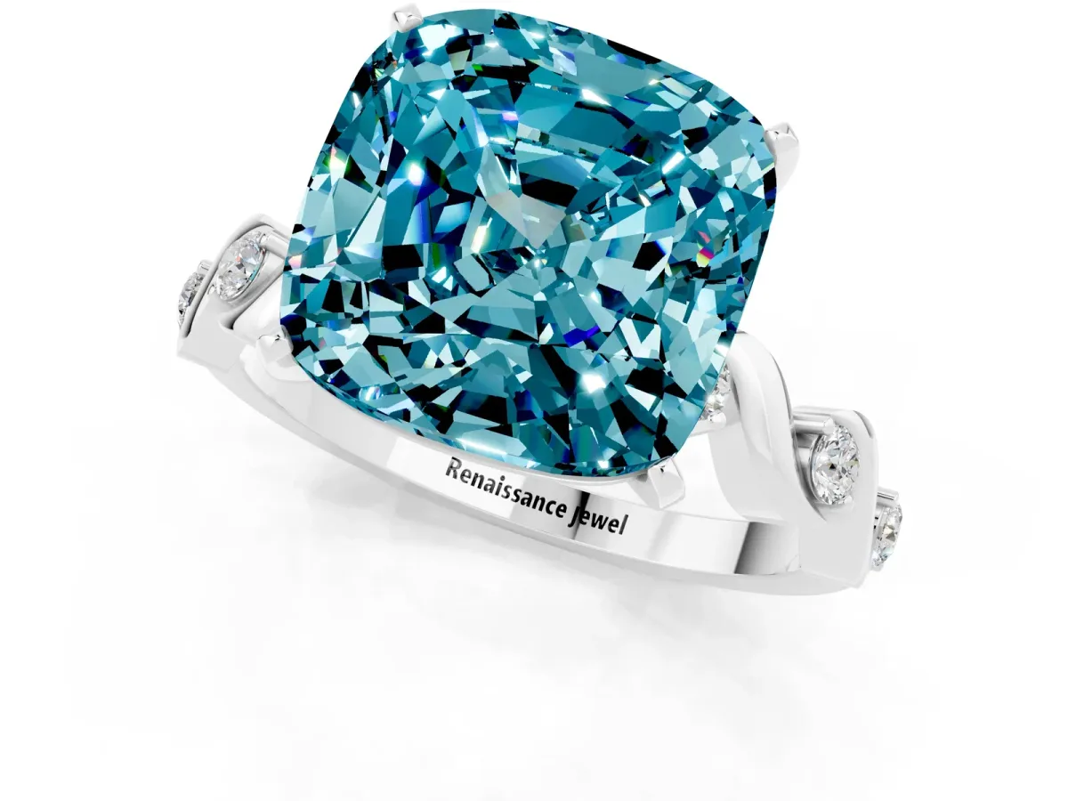 Cushion Cut Blue Topaz Solitaire Twisted Band with Round Accents and Prong Setting White gold