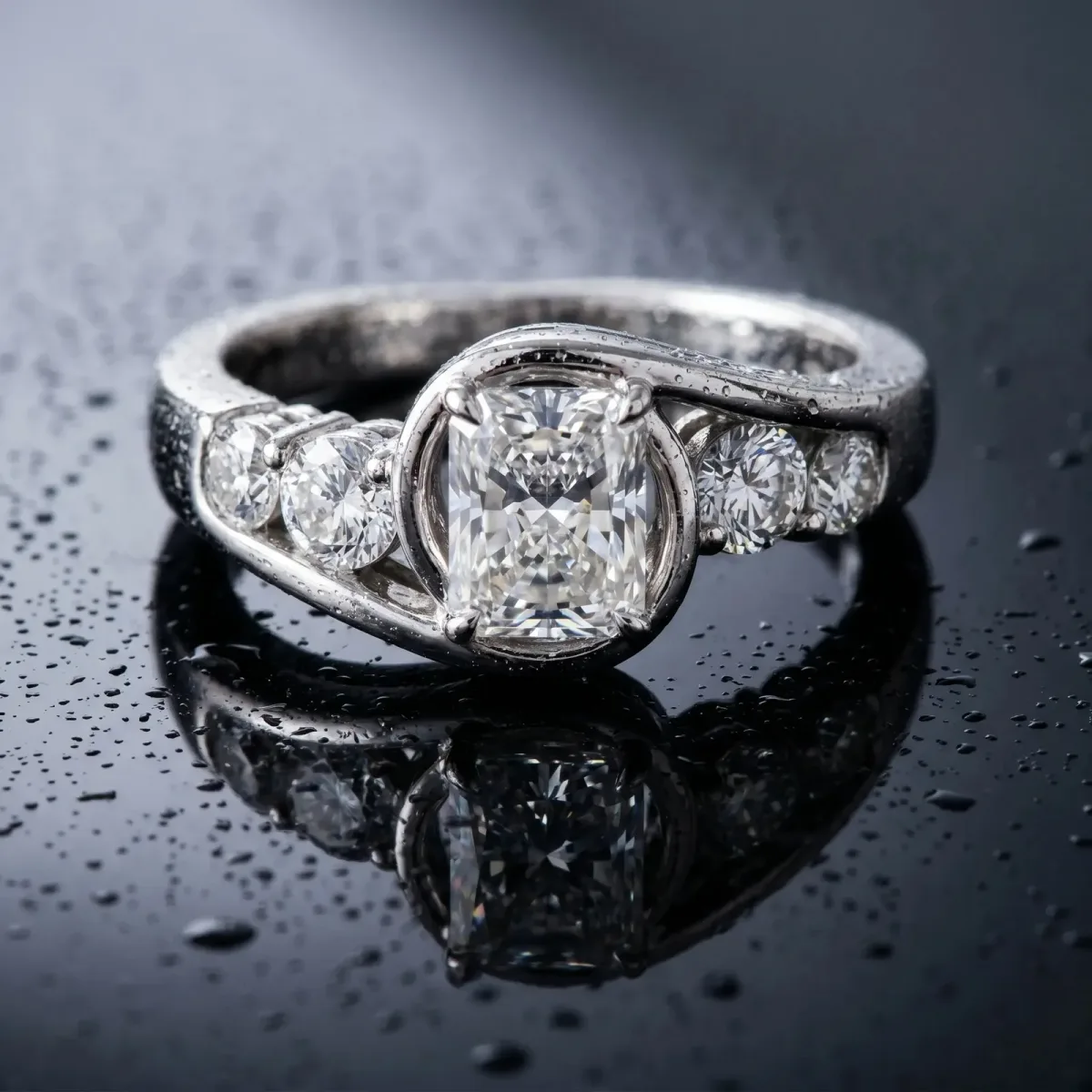 Bezel Set Radiant Cut Diamond Bypass Ring with Round Accents White gold