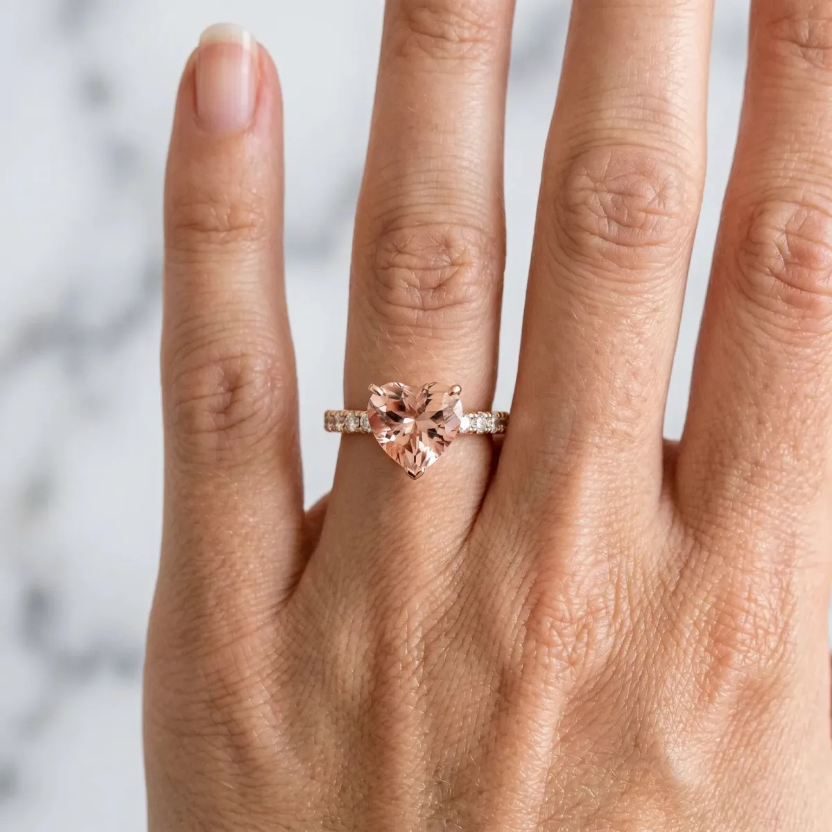 Heart Cut Morganite Solitaire Ring with Round Pavé Band and Four-Prong Setting Rose gold