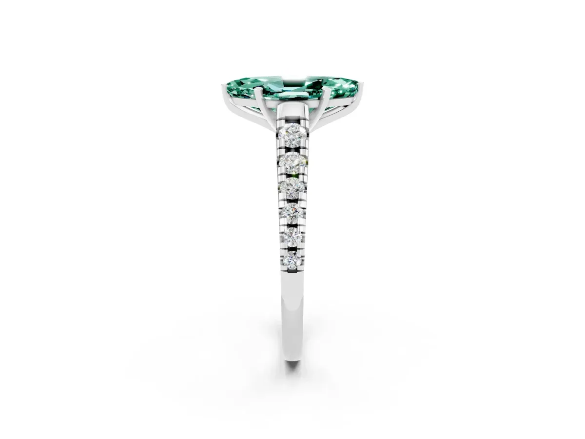 Marquise Cut Green Sapphire Cathedral Solitaire Ring with Round Pavé Band White gold