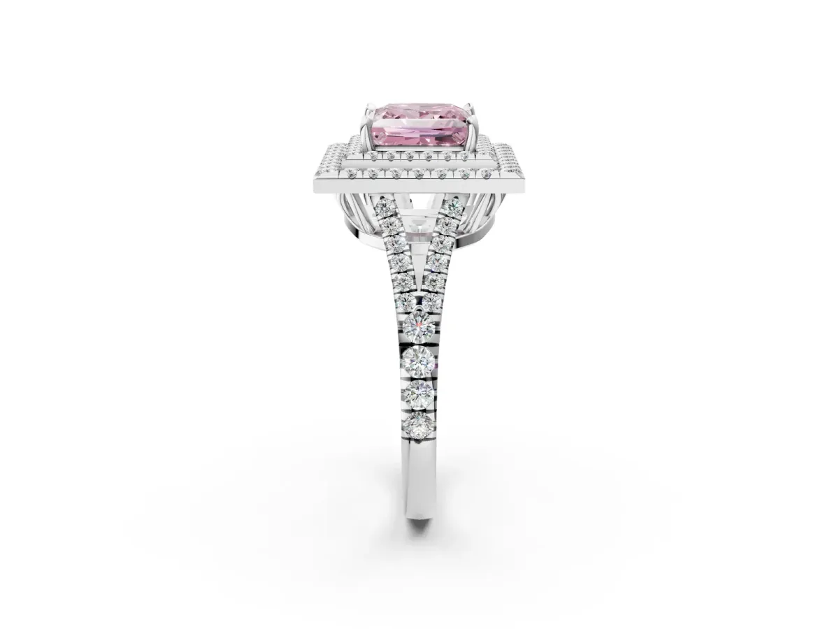 Fancy Pink Princess Cut Diamond Double Halo Ring with Pavé Band and Prong Setting White gold