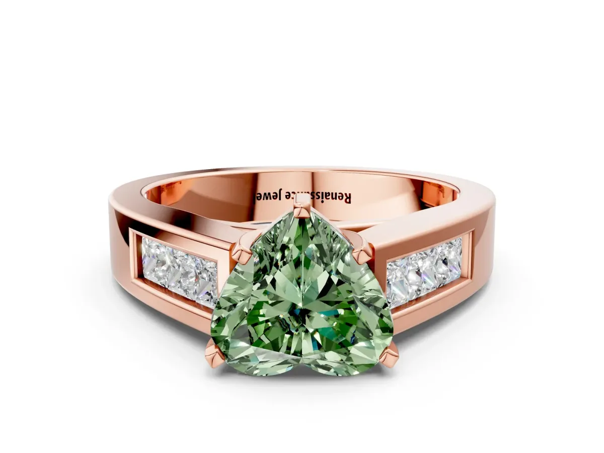 Fancy Green Heart Cut Cut Channel Set Solitaire Ring with Four-Prong Setting Rose gold