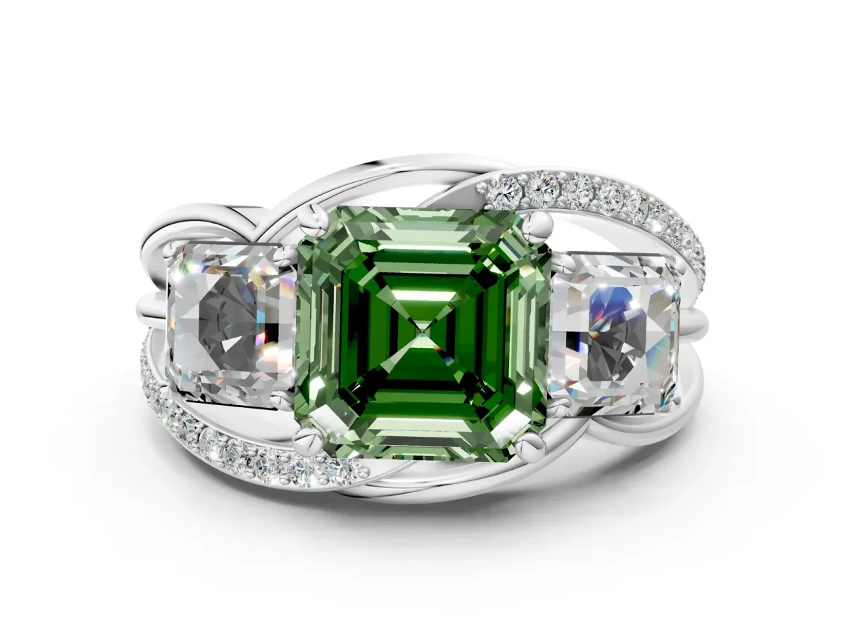 Fancy Green Three-Stone Asscher Cut Cut Diamond Split Shank Prong Set Ring Platinum