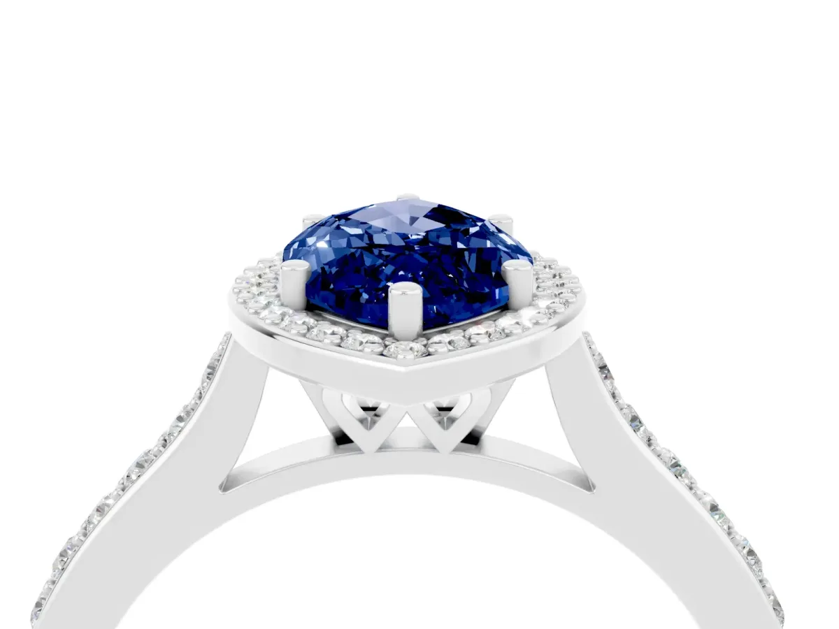 Marquise Cut Blue Sapphire Halo Engagement Ring with Round Pavé Shoulders and Prong Setting Platinum