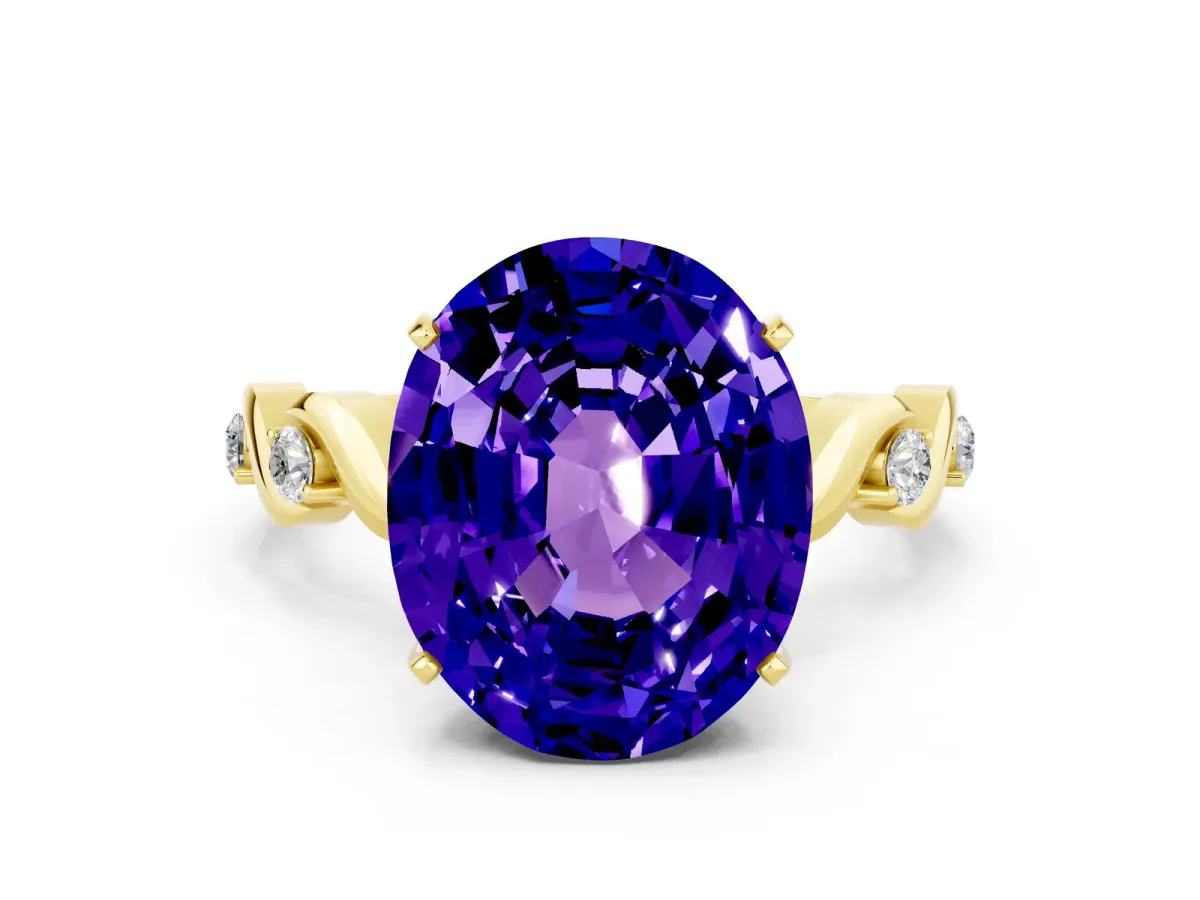 Oval Cut Tanzanite Solitaire Twisted Band with Round Accents and Prong Setting Yellow gold