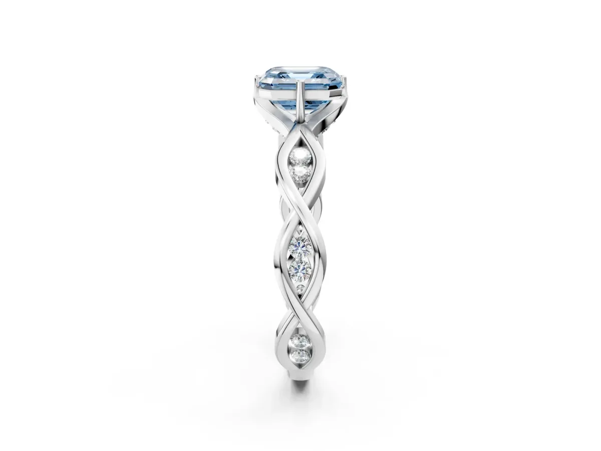 Fancy Blue Asscher Cut Solitaire Twist Band with Leaf Prong Setting Platinum