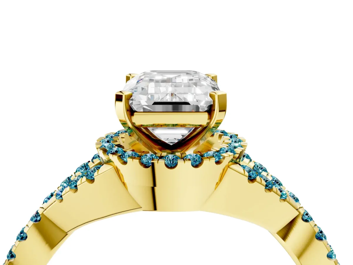 Emerald Cut Diamond Blue Topaz Halo Twist Band Solitaire Prong Setting Ring Yellow gold