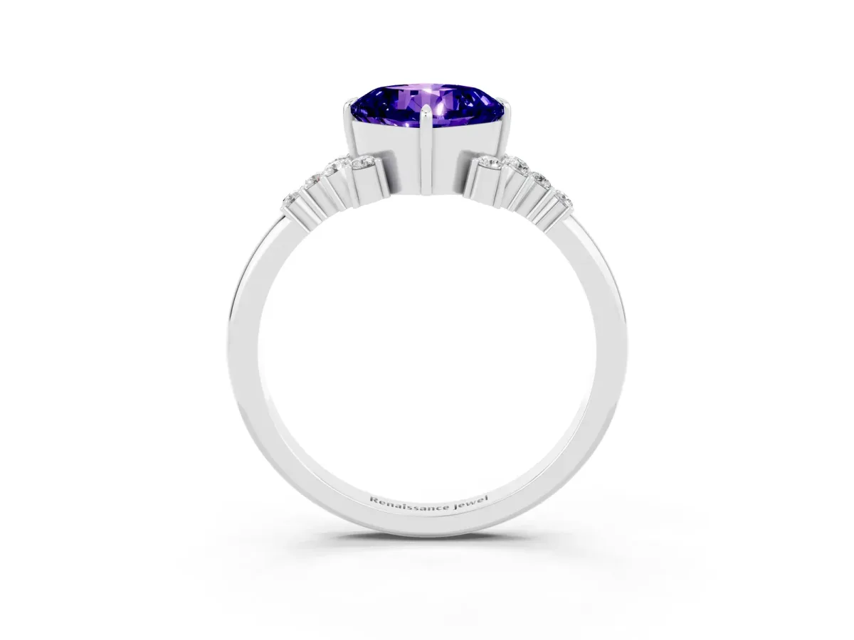Cushion Cut Tanzanite Ring with Side Stones and Four-Prong Setting Silver