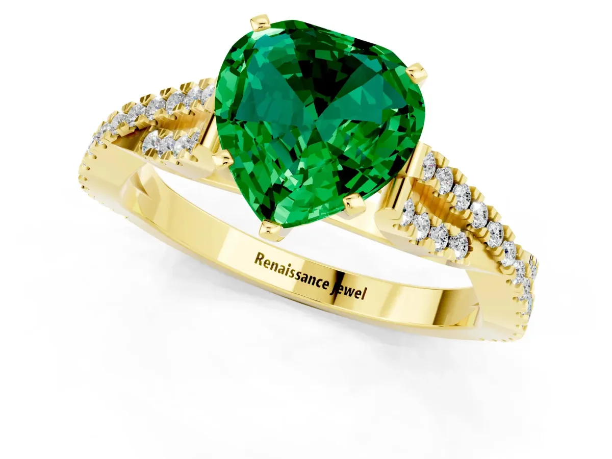 Heart Cut Emerald Solitaire Engagement Ring with Twisted Pavé Band and Four-Prong Setting Yellow gold