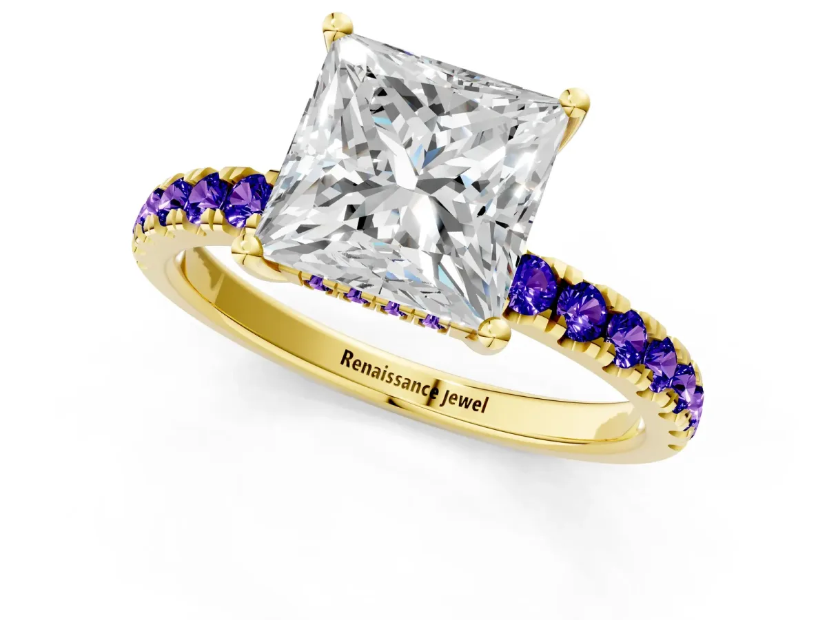 Princess Cut Diamond Pave Band Solitaire Ring with Round Tanzanite and Prong Setting Yellow gold