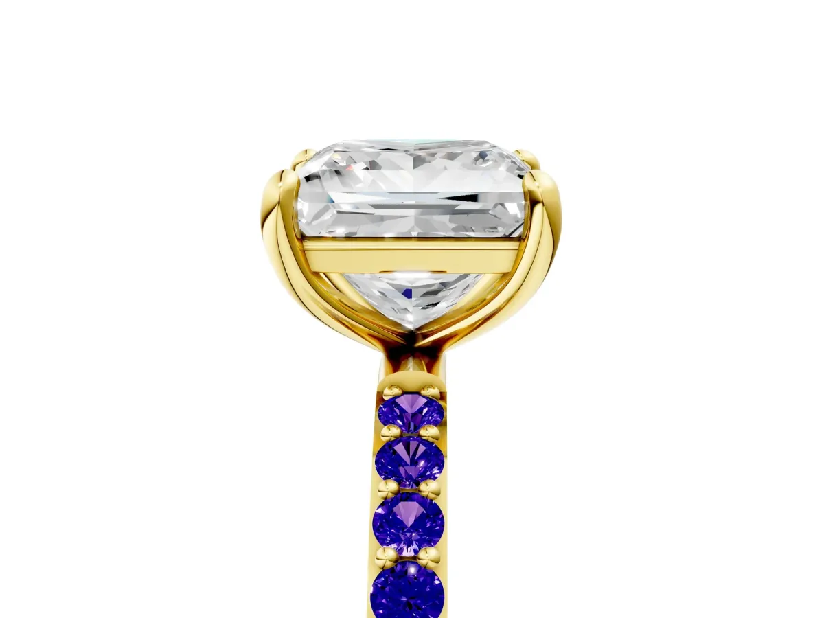 Princess Cut Diamond Solitaire Ring with Round Tanzanite Pavé Band and Prong Setting Yellow gold