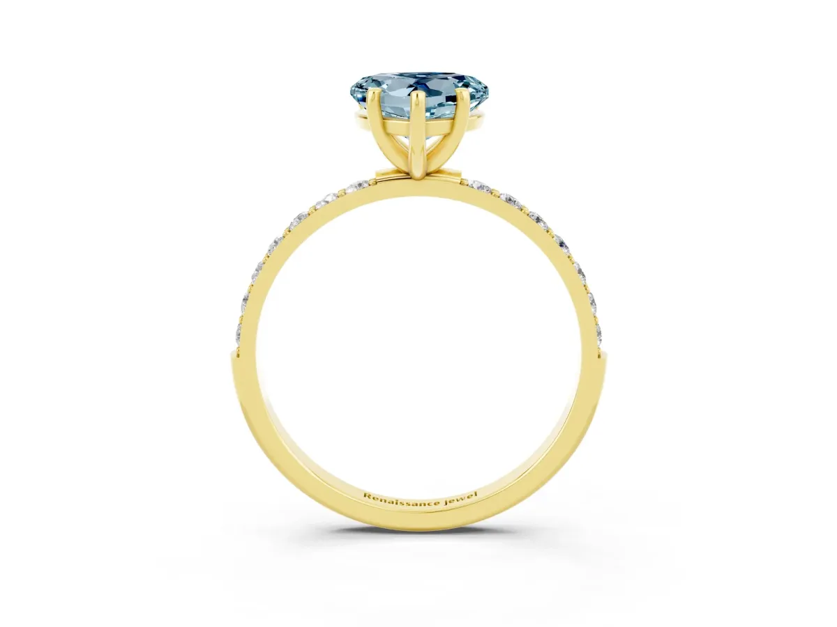 Heart Cut Aquamarine Solitaire Ring with Round Pavé Band and Prong Setting Yellow gold