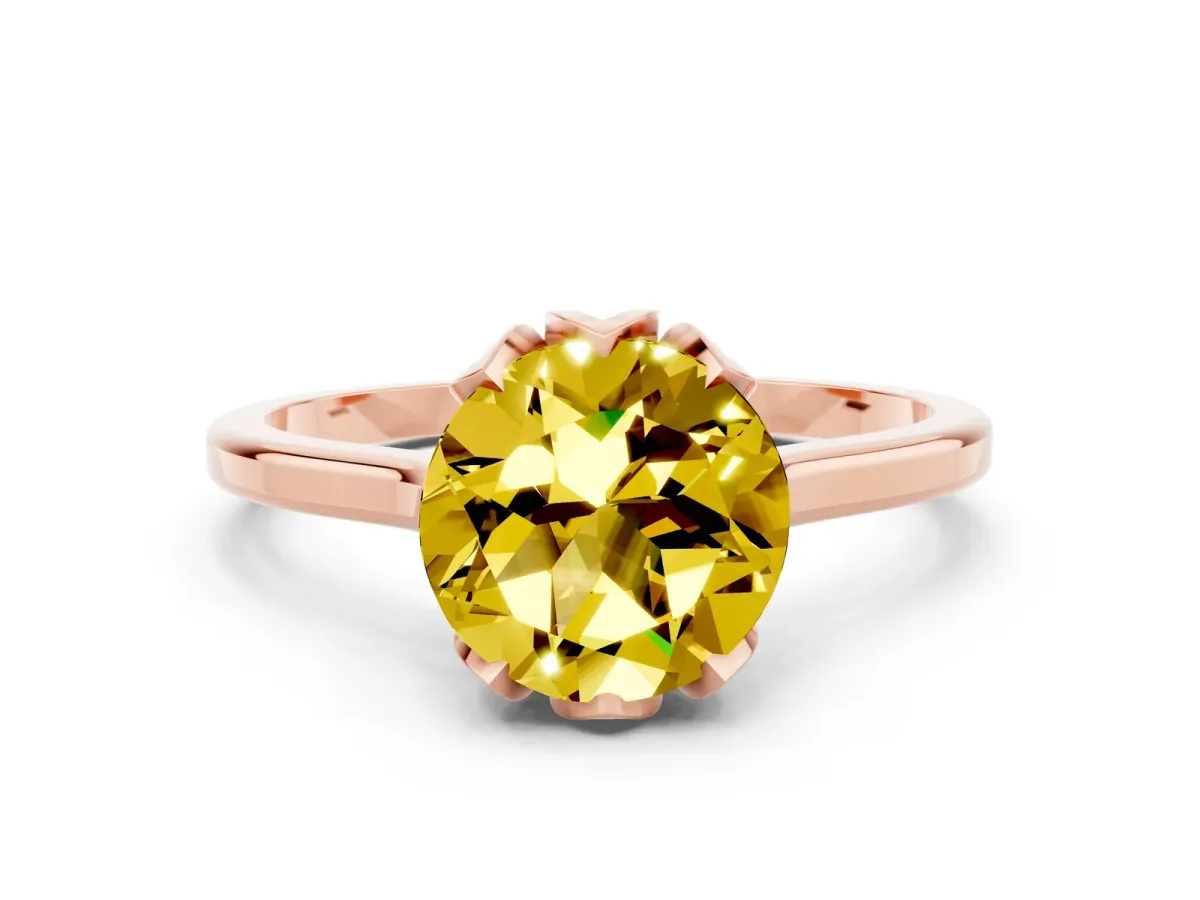 Round Cut Yellow Sapphire Solitaire Ring with Flower Prong Setting and Classic Band Rose gold