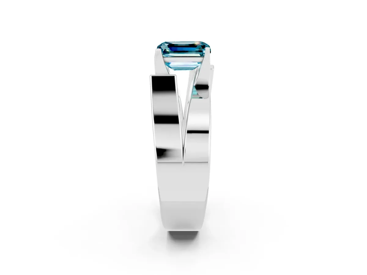 Modern Tension Set Emerald Cut Blue Topaz Solitaire Wide Band Ring Platinum