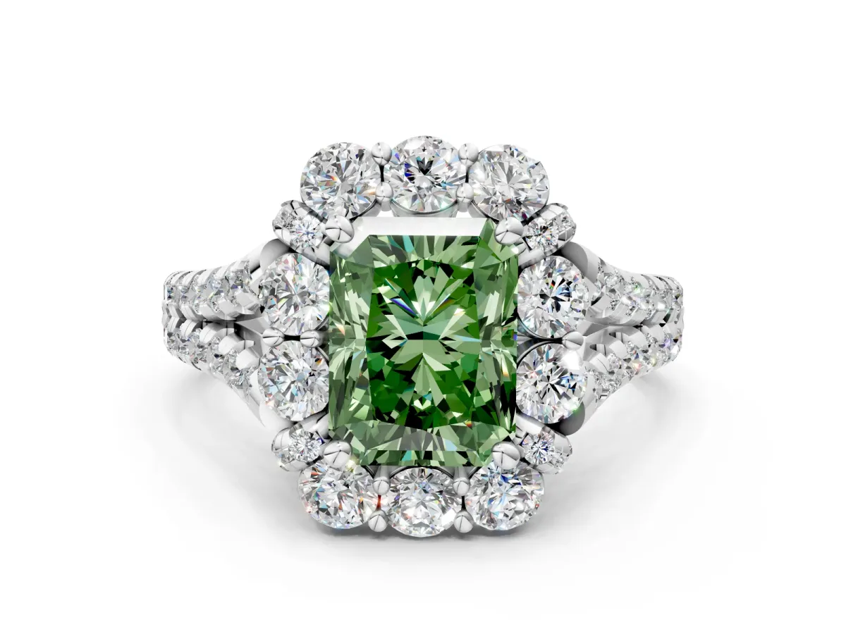 Fancy Green Radiant Cut Halo Split Shank Diamond Engagement Ring with Pave Band and Four-Prong Setting Platinum