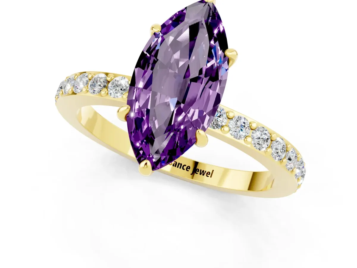 Marquise Cut Amethyst Solitaire Engagement Ring with Pavé Band and Four-Prong Setting Yellow gold
