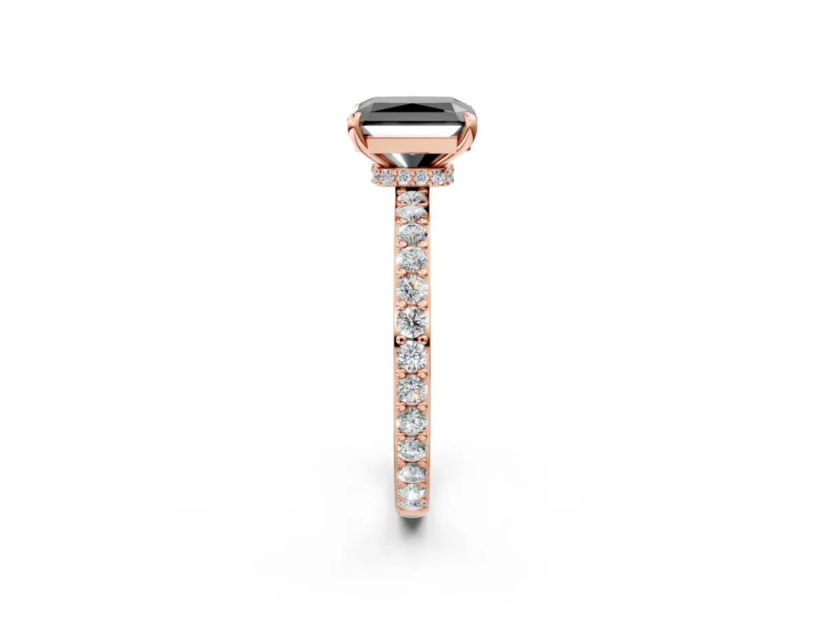 Fancy Black Radiant Cut Diamond Solitaire Engagement Ring with Pavé Band and Four-Prong Setting Rose gold