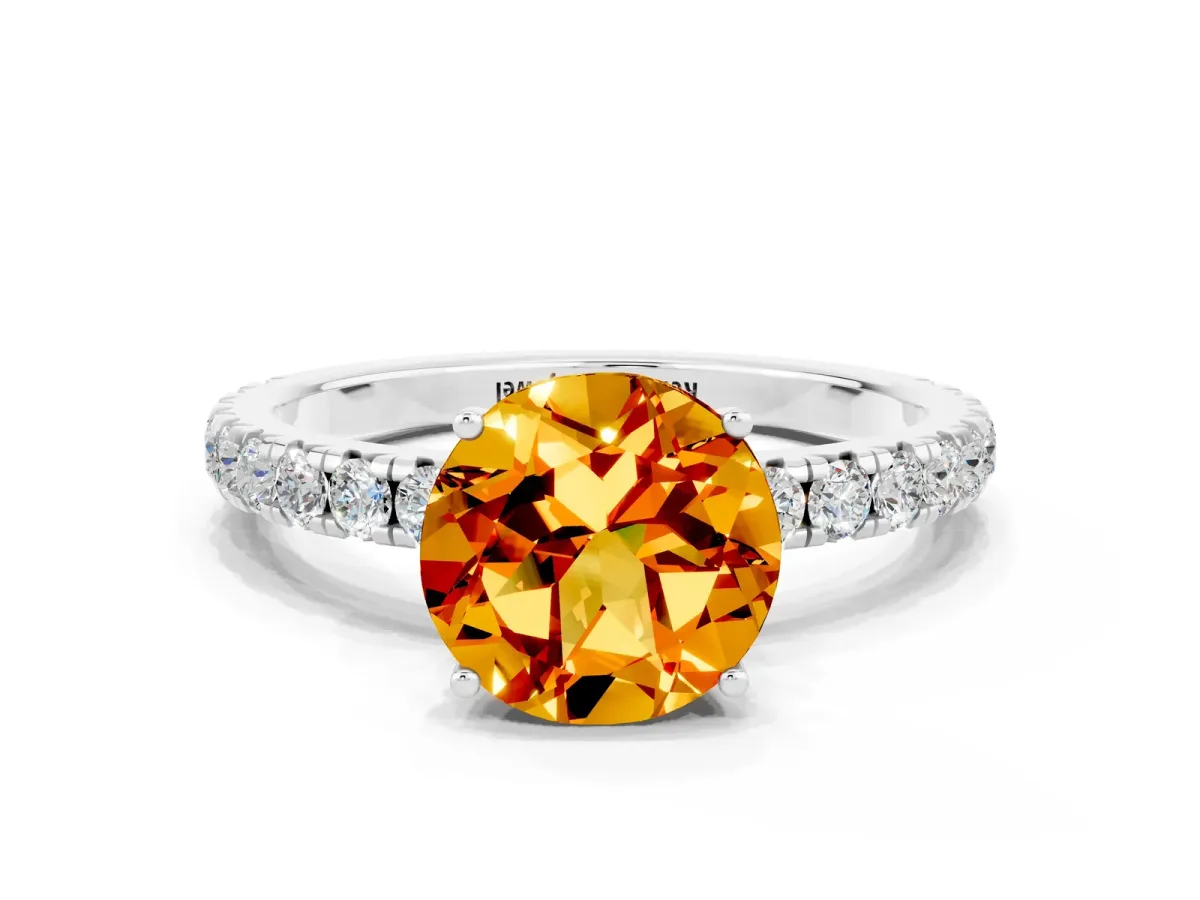 Round Cut Citrine Pavé Solitaire Engagement Ring with Four-Prong Setting Silver