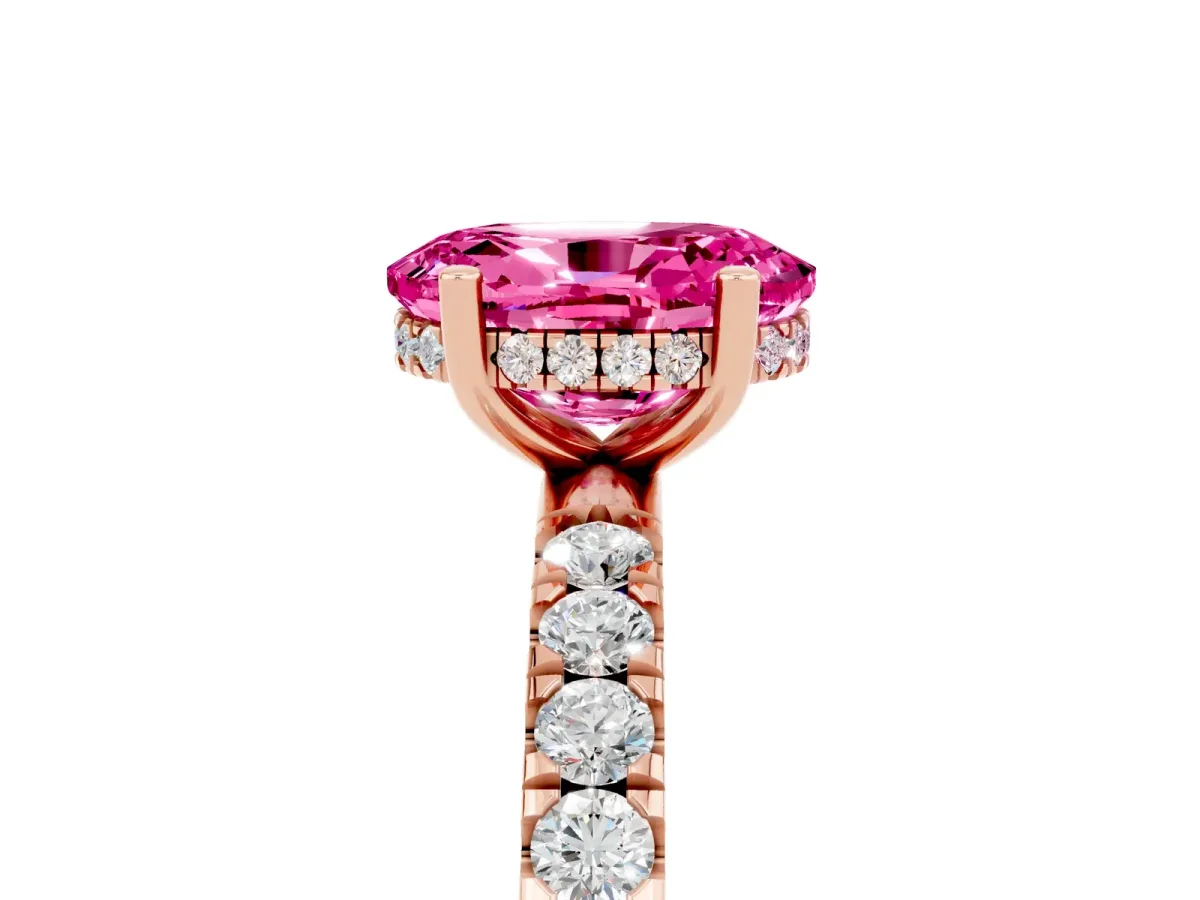 Oval Cut Pink Sapphire Pave Band Solitaire Ring with Round and Prong Setting Rose gold