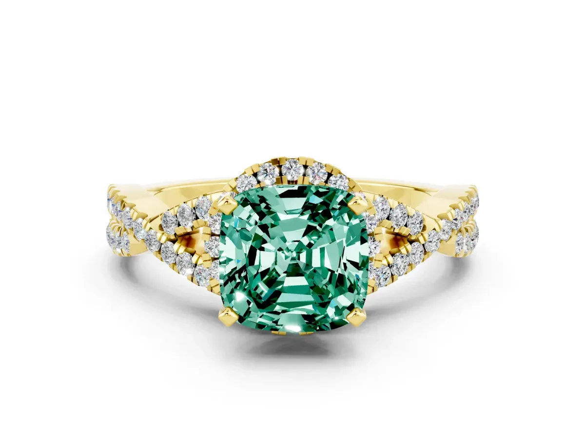 Cushion Cut Green Sapphire Halo Twist Band Solitaire Prong Setting Ring Yellow gold