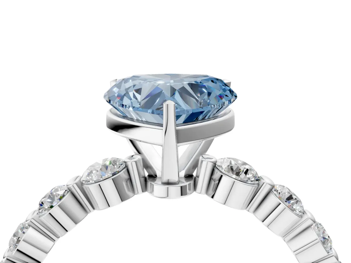 Fancy Blue Heart Cut Solitaire Diamond Ring with Pave Band and Four-Prong Setting Platinum