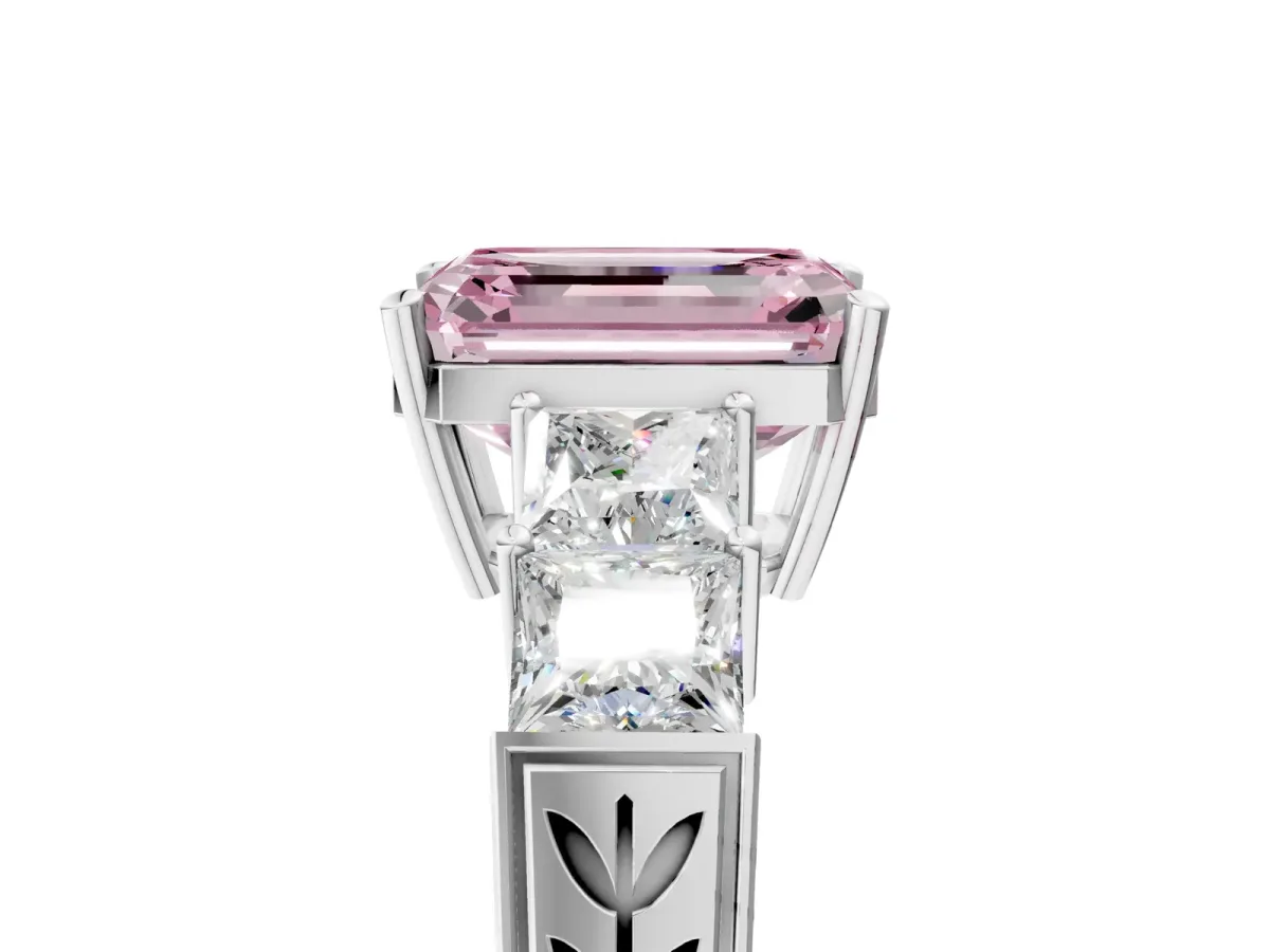 Fancy Pink Emerald Cut Solitaire Princess Side Stone Engraved Band Prong Setting Ring Silver