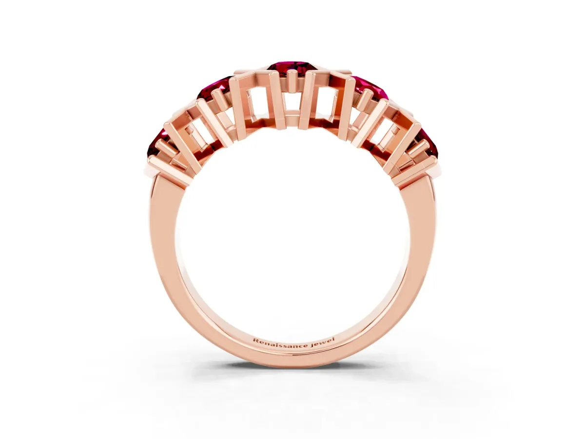 Round Garnet Channel Set Band with X-Prong Detail Rose gold