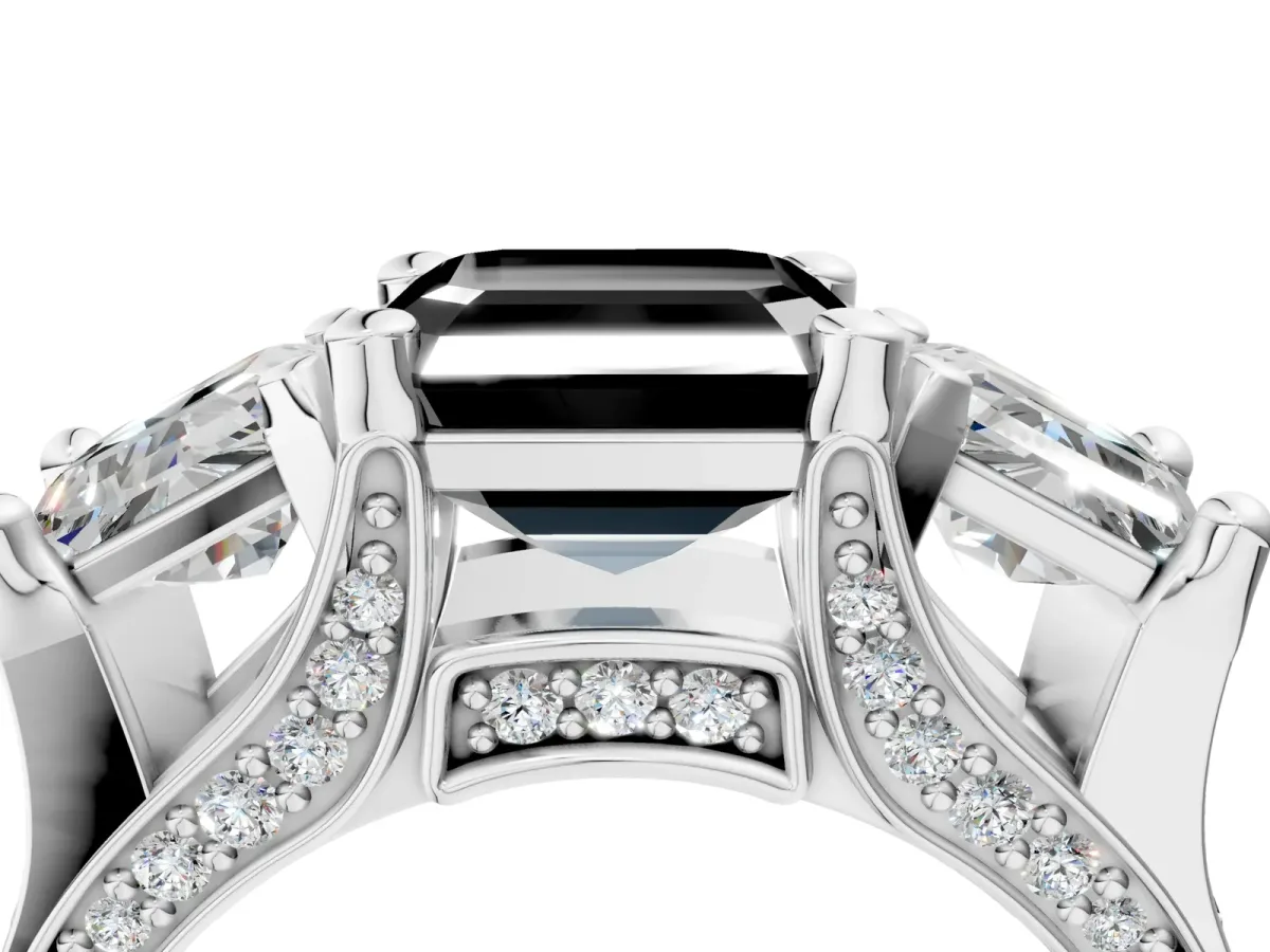 Fancy Black Asscher Cut Diamond Three-Stone Ring with Channel Set Band and Four-Prong Setting Platinum
