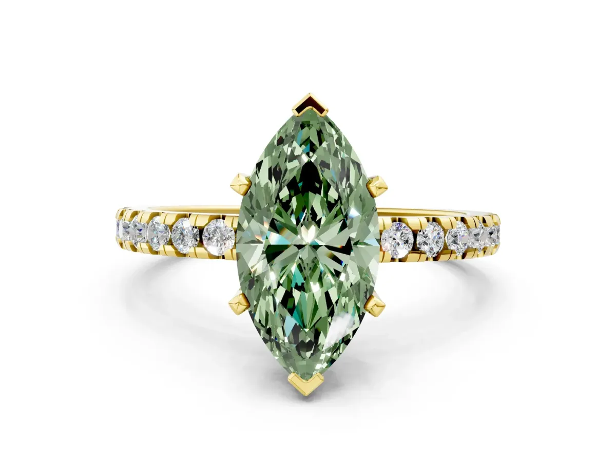 Fancy Green Marquise Cut Diamond Solitaire Ring with Round Pavé Band and Four-Prong Setting Yellow gold