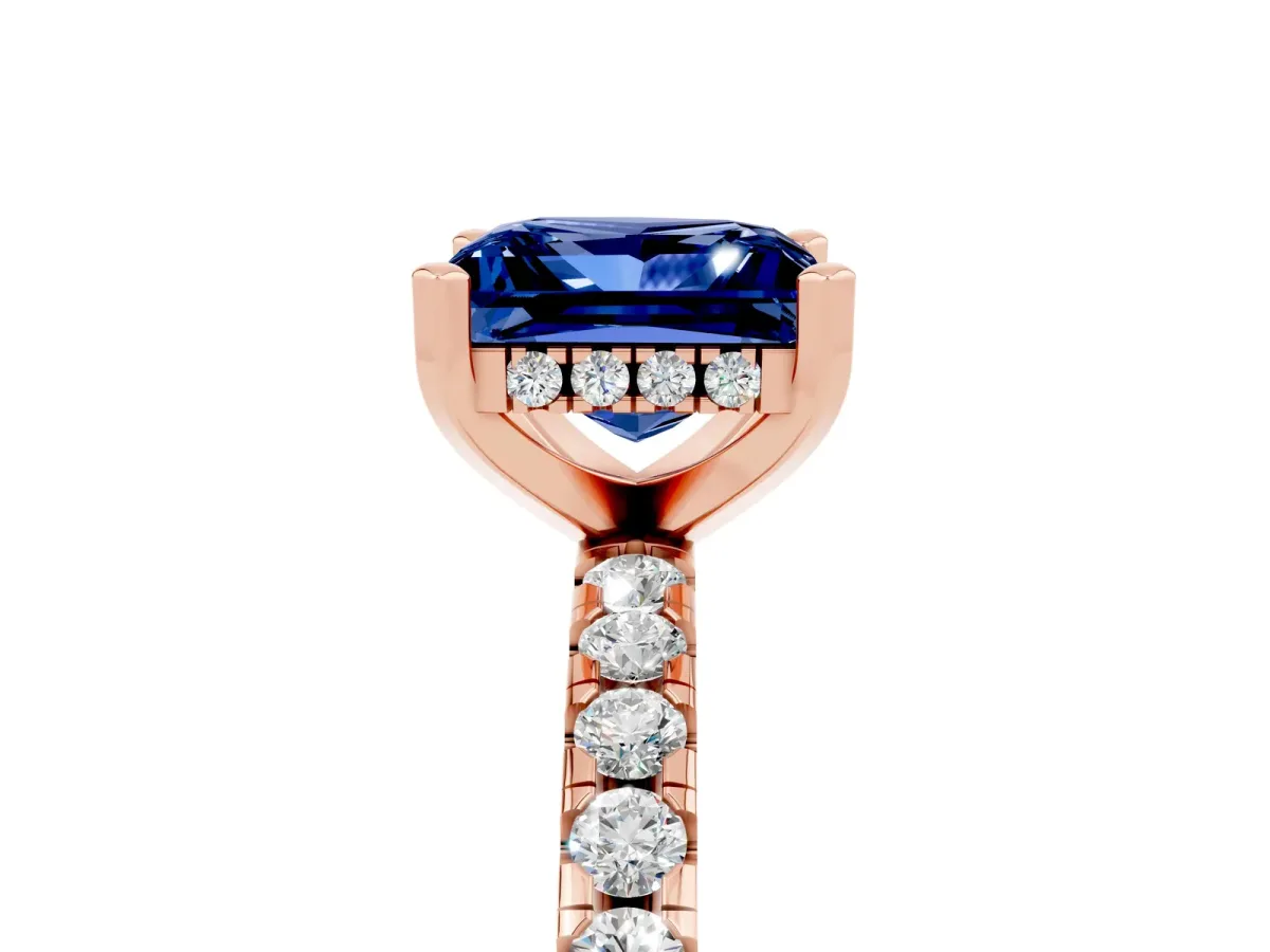 Princess Cut Blue Sapphire Solitaire Ring with Round Pavé Band and Four-Prong Setting Rose gold