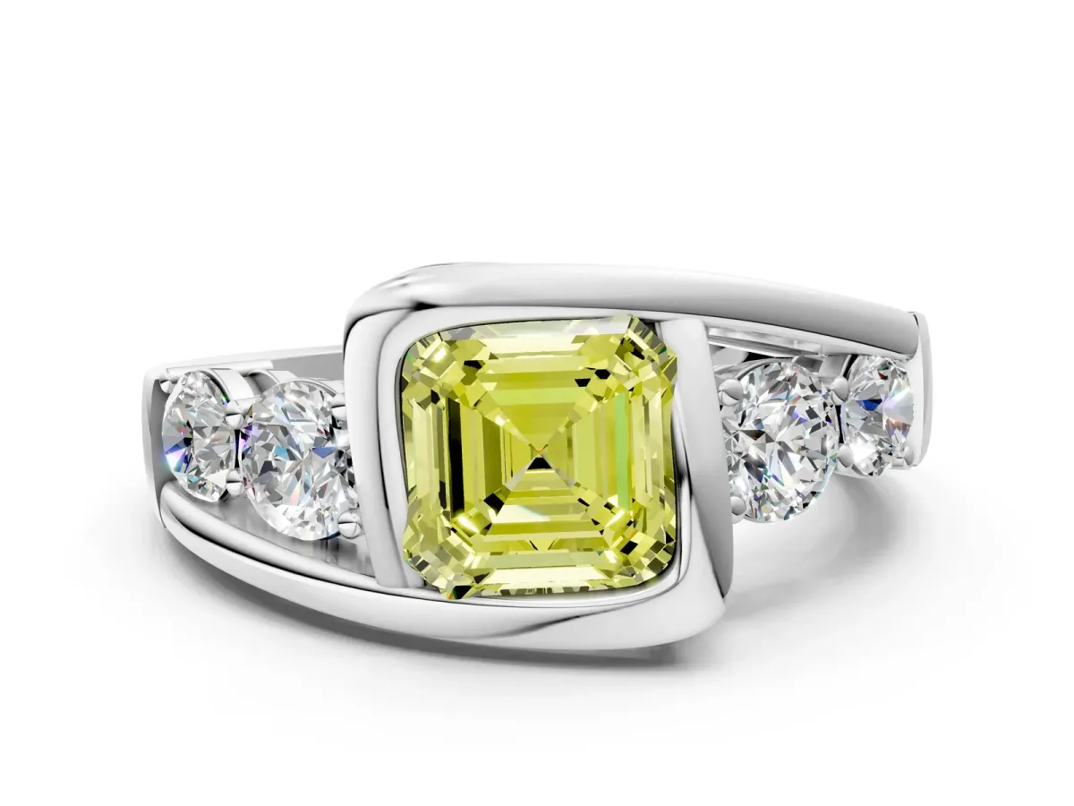 Fancy Yellow Bezel Set Asscher Cut Diamond Bypass Ring with Round Accents Silver