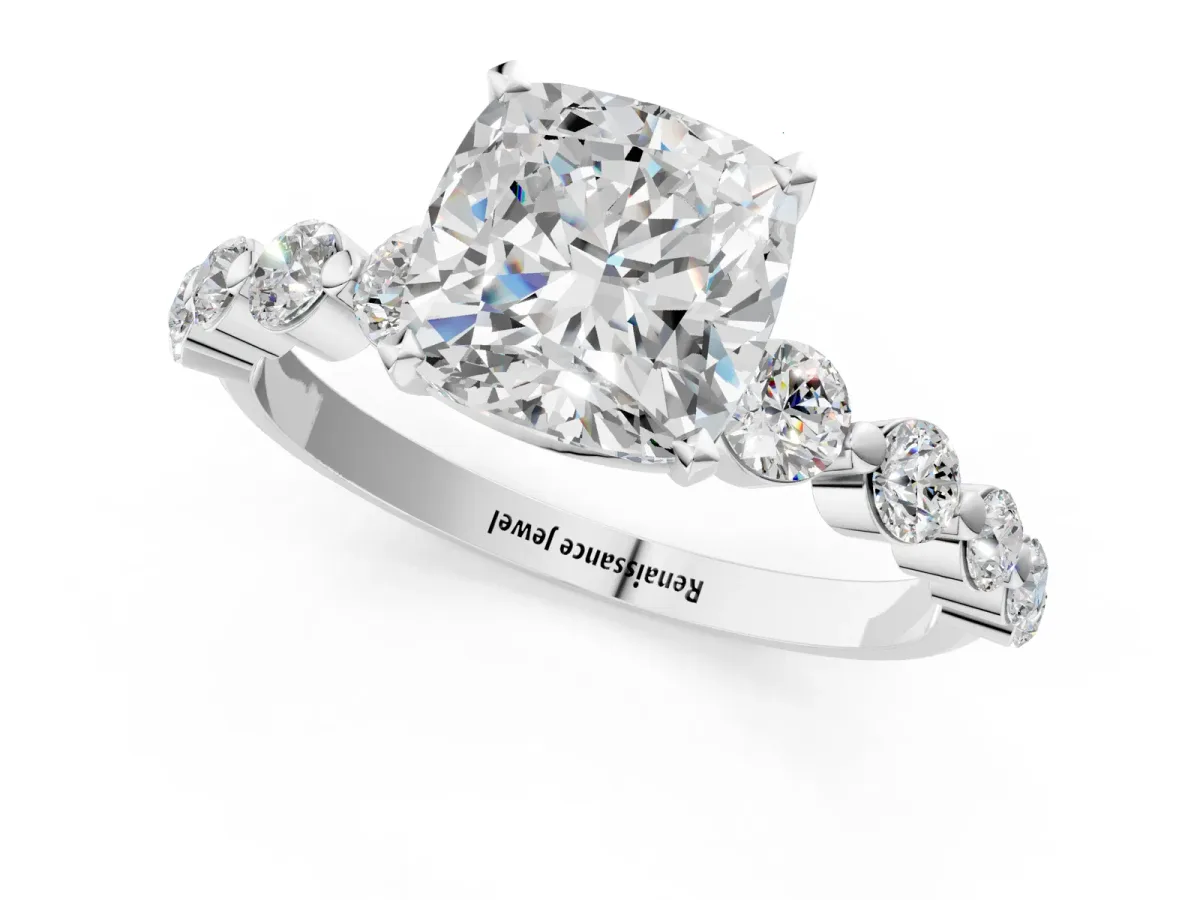 Cushion Cut Solitaire Diamond Ring with Pave Band and Four-Prong Setting Platinum