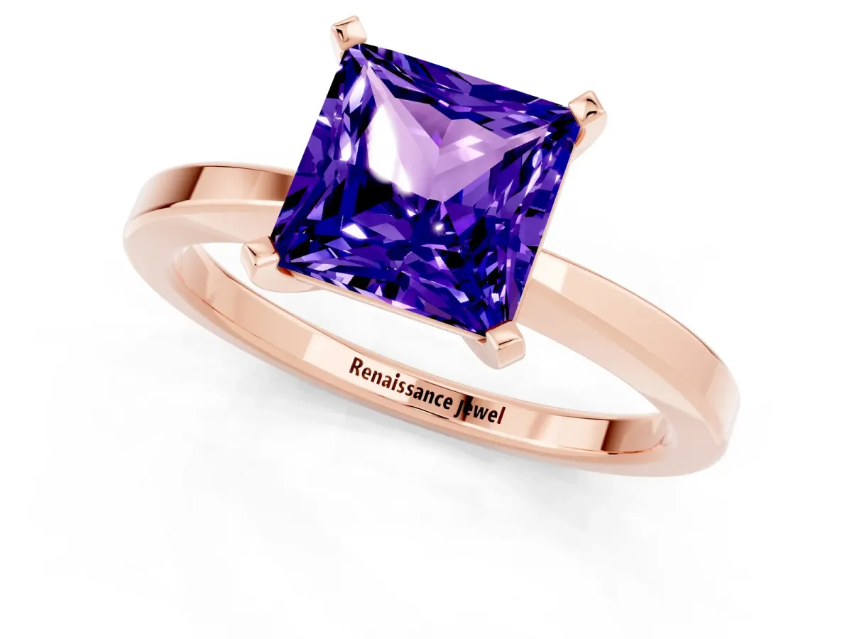 Princess Cut Tanzanite Solitaire Engagement Ring with Classic Band and Four-Prong Setting Rose gold