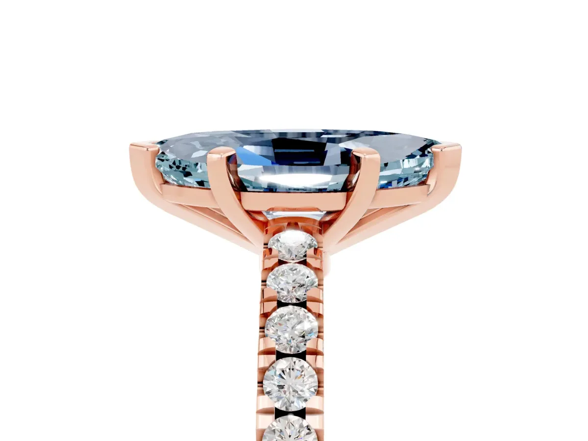 Marquise Cut Solitaire Aquamarine with Pavé Band and Four-Prong Setting Rose gold