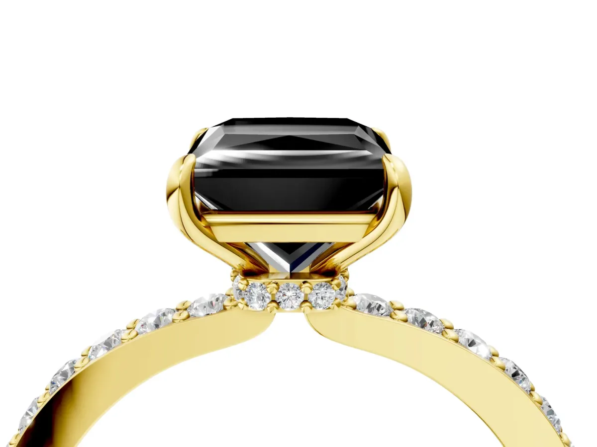 Fancy Black Princess Cut Diamond Solitaire Engagement Ring with Pavé Band and Four-Prong Setting Yellow gold
