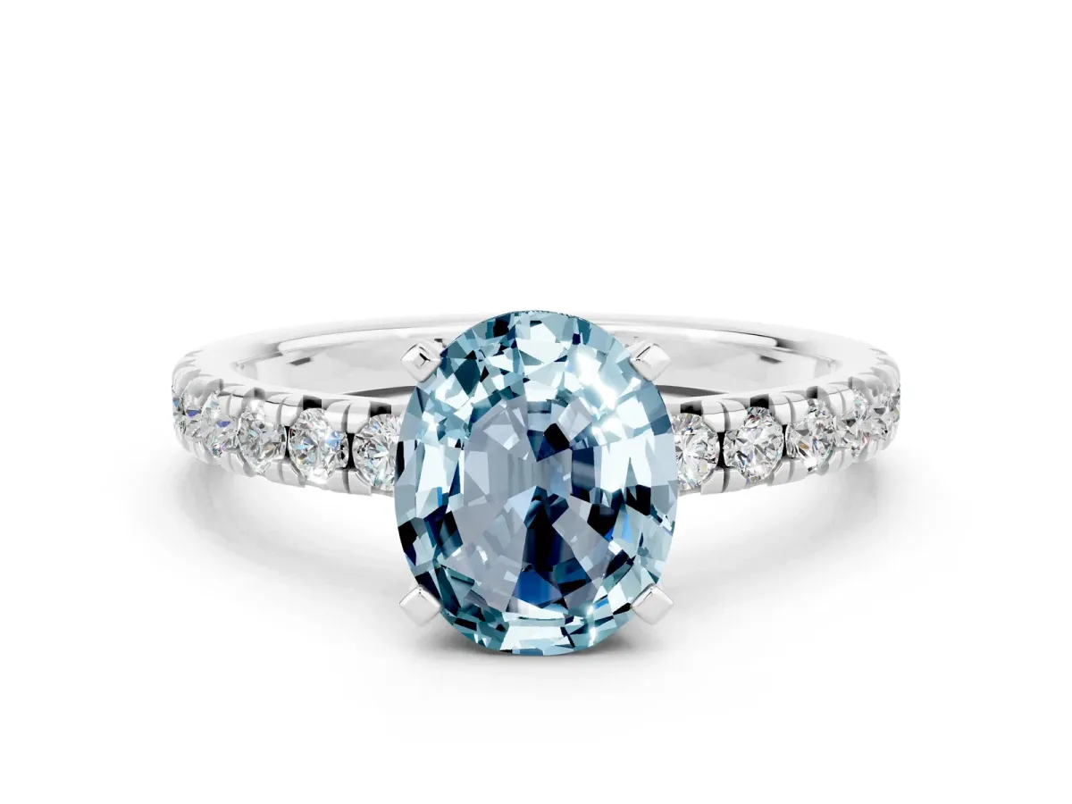 Oval Cut Aquamarine Solitaire Pavé Engagement Ring with Round Band and Prong Setting White gold