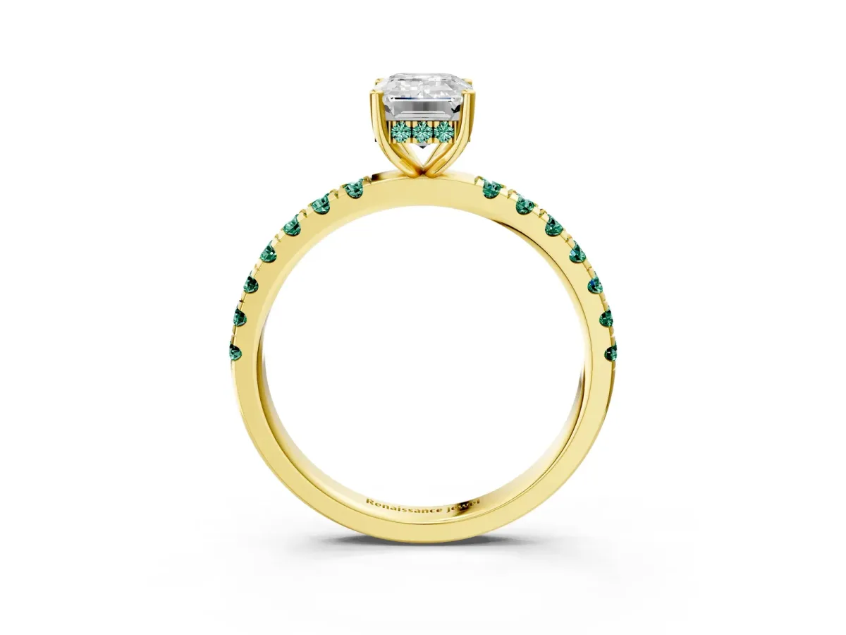 Emerald Cut Diamond Pave Band Solitaire Ring with Round Green Sapphire and Prong Setting Yellow gold