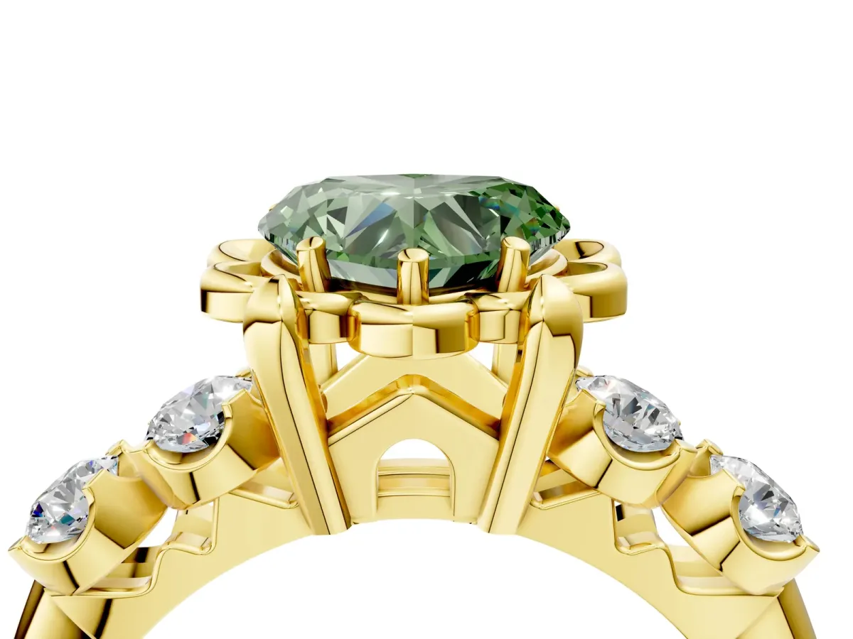 Fancy Green Heart Cut Cut Diamond Floral Halo Engagement Ring with Shared Prong Setting Yellow gold