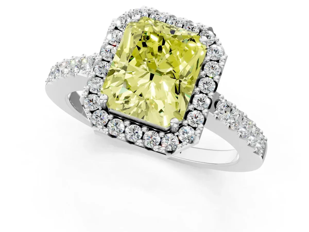 Fancy Yellow Radiant Cut Halo Diamond Pavé Solitaire Ring Platinum
