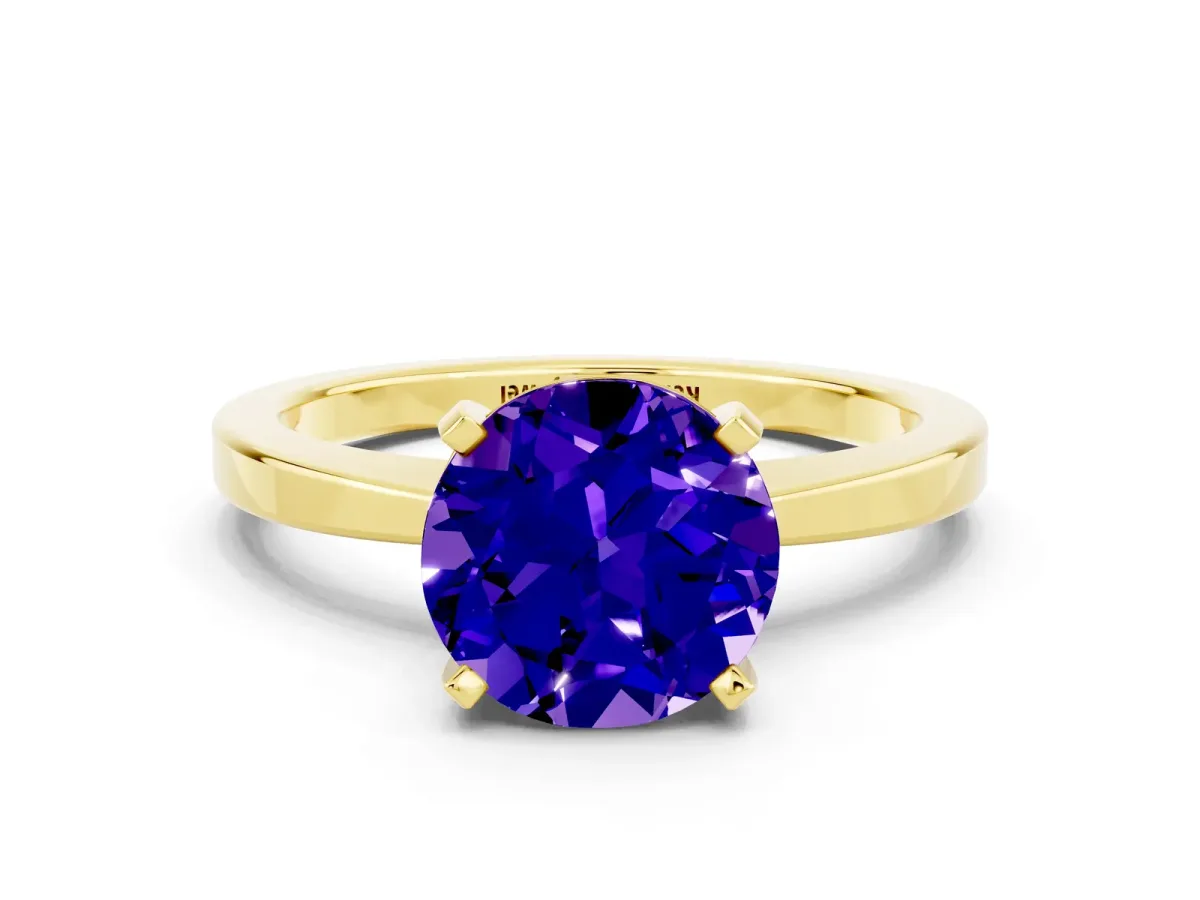 Round Cut Tanzanite Solitaire Engagement Ring with Classic Band and Four-Prong Setting Yellow gold