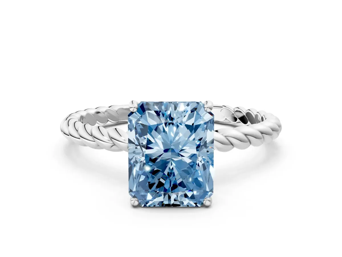 Fancy Blue Radiant Cut Solitaire Twisted Band 4-Prong Ring Platinum