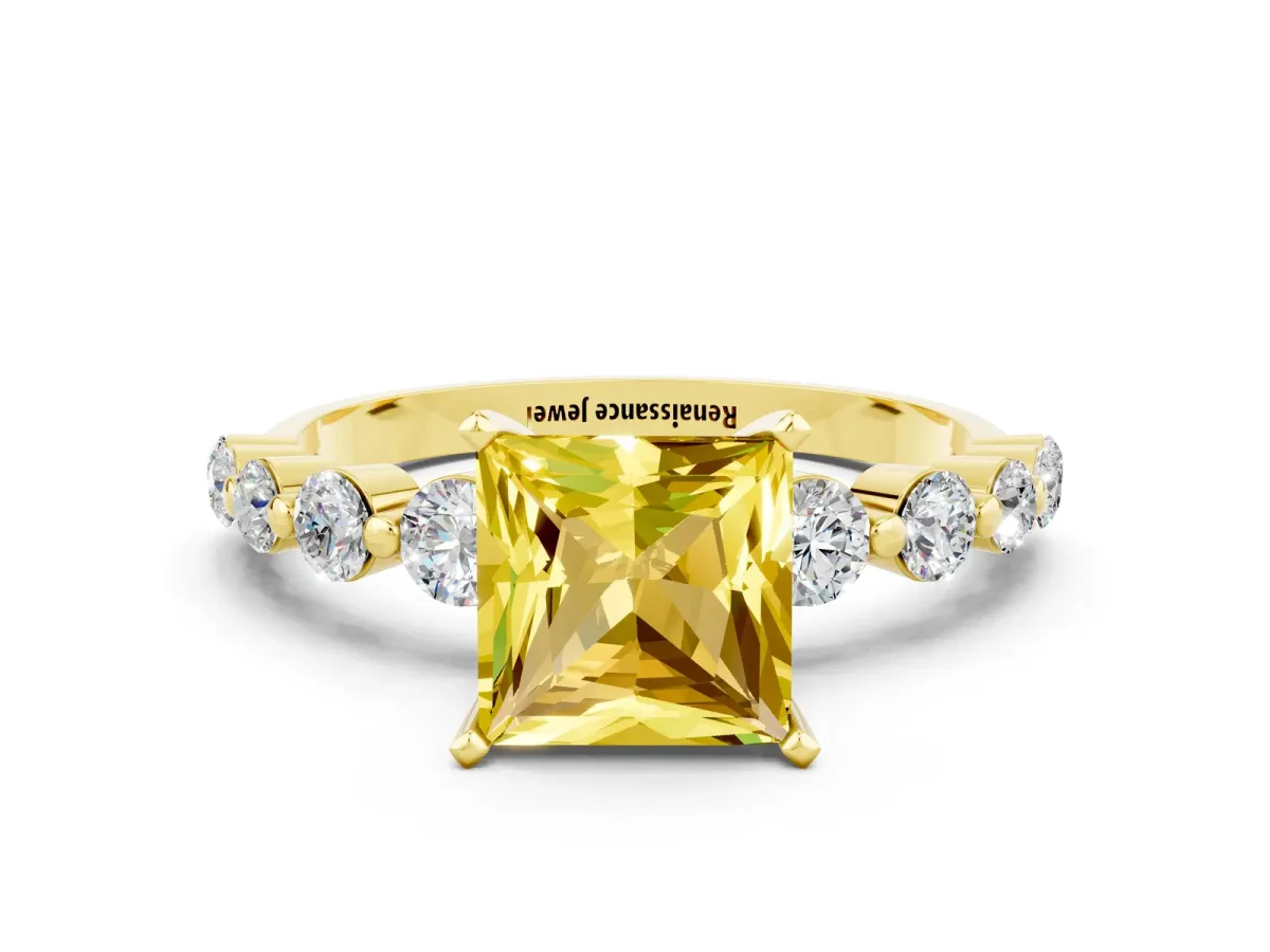 Princess Cut Solitaire Yellow Sapphire Ring with Pave Band and Four-Prong Setting Yellow gold