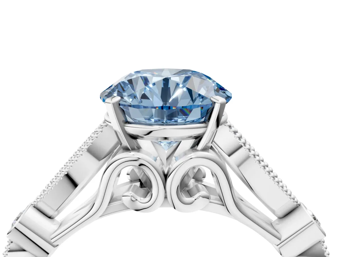 Fancy Blue Round Cut Cut Diamond with Milgrain Marquise and Bezel Accents on a Solitaire Band with Prong Setting Silver
