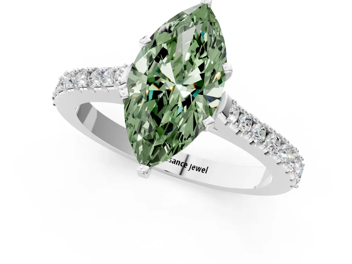 Fancy Green Marquise Cut Cut Solitaire Diamond Engagement Ring with Pave Band and Four-Prong Setting White gold