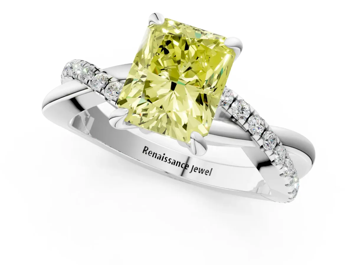 Fancy Yellow Radiant Cut Cut Twist Band Solitaire Diamond Ring with Pavé Setting Platinum