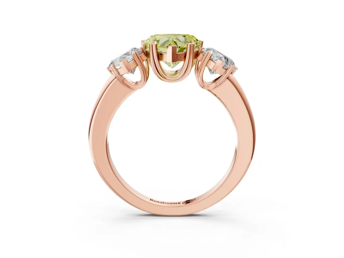 Fancy Yellow Three-Stone Heart Cut Cut Diamond Ring with Channel Set Band and Four-Prong Setting Rose gold