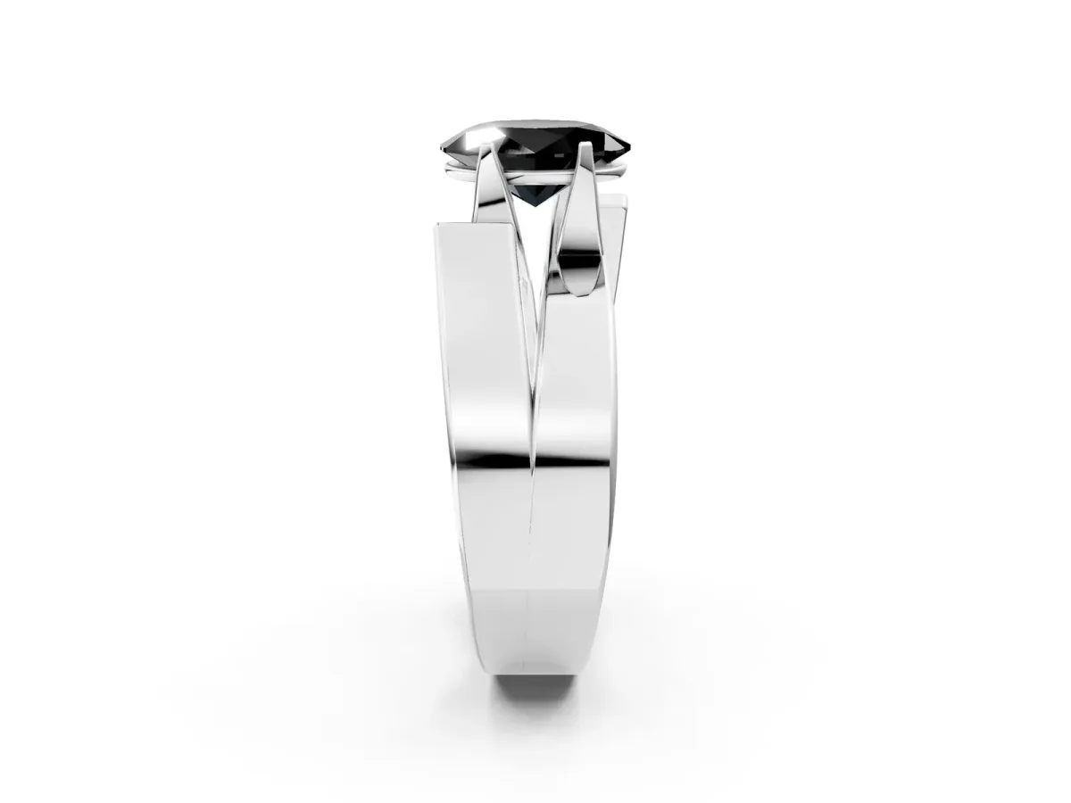 Fancy Black Modern Tension Set Oval Cut Diamond Solitaire Wide Band Ring Silver