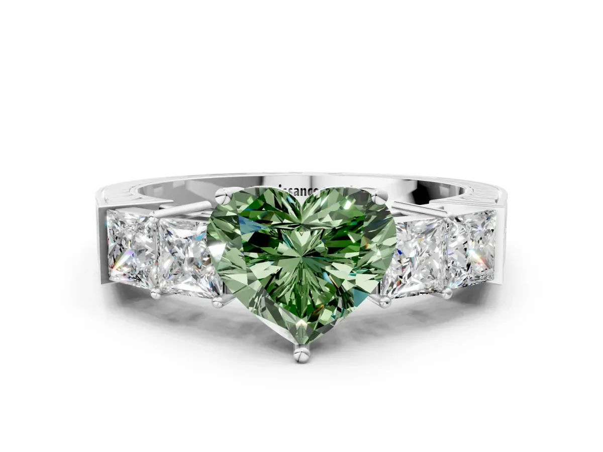 Fancy Green Heart Cut Solitaire Princess Side Stone Engraved Band Prong Setting Ring Silver