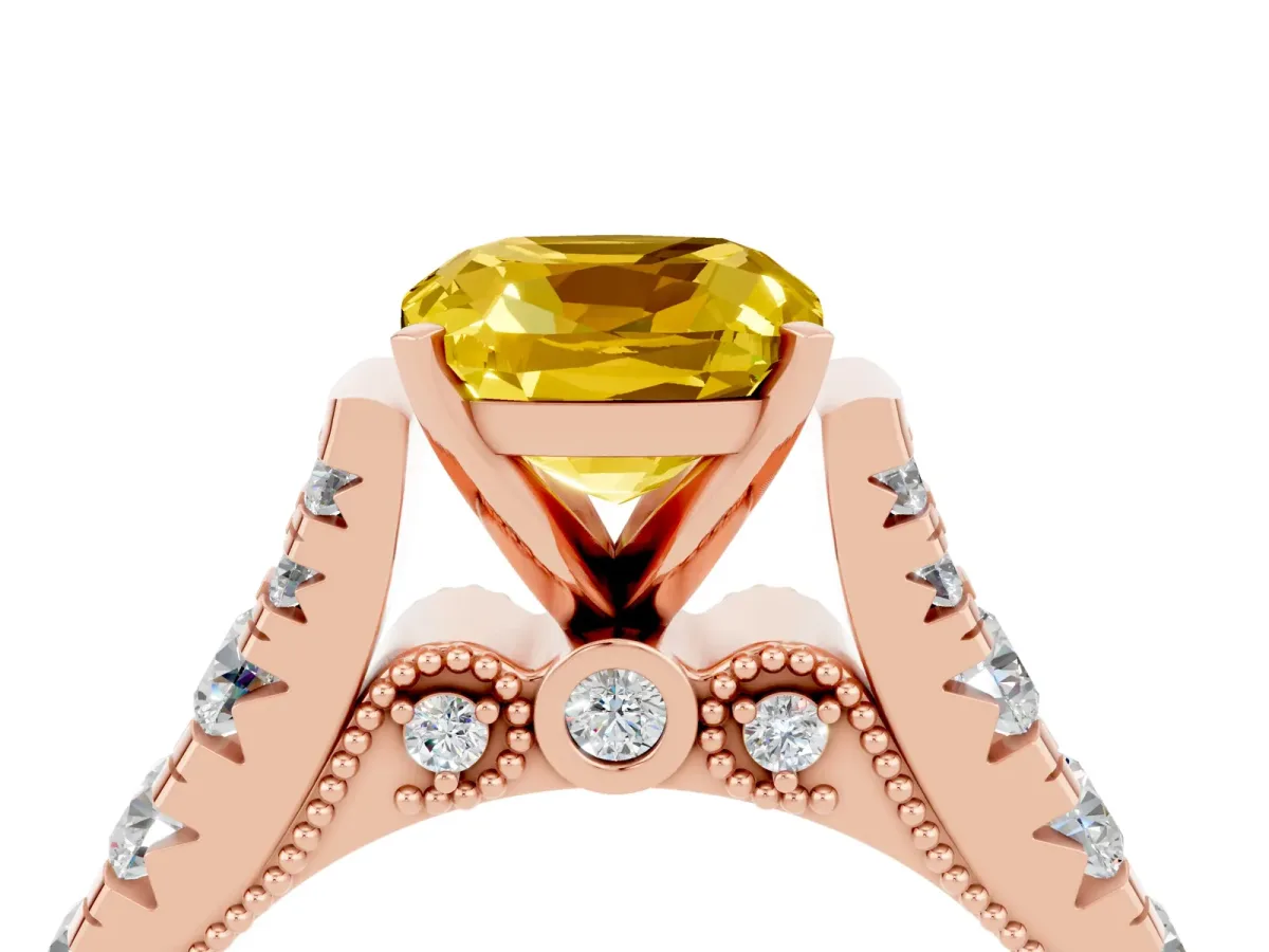 Cushion Cut Yellow Sapphire Classic Solitaire Ring with Pavé Band and Four-Prong Setting Rose gold