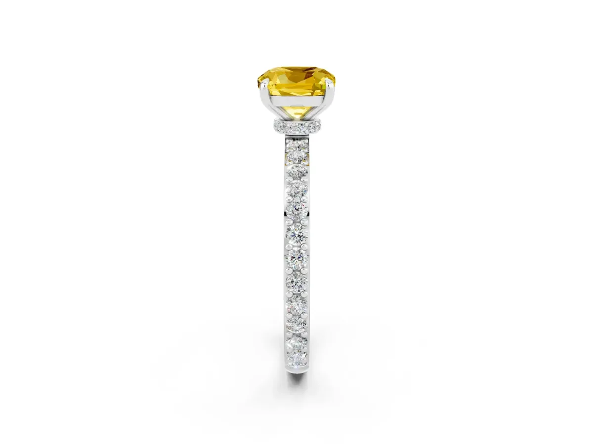 Cushion Cut Yellow Sapphire Solitaire Engagement Ring with Pavé Band and Four-Prong Setting White gold